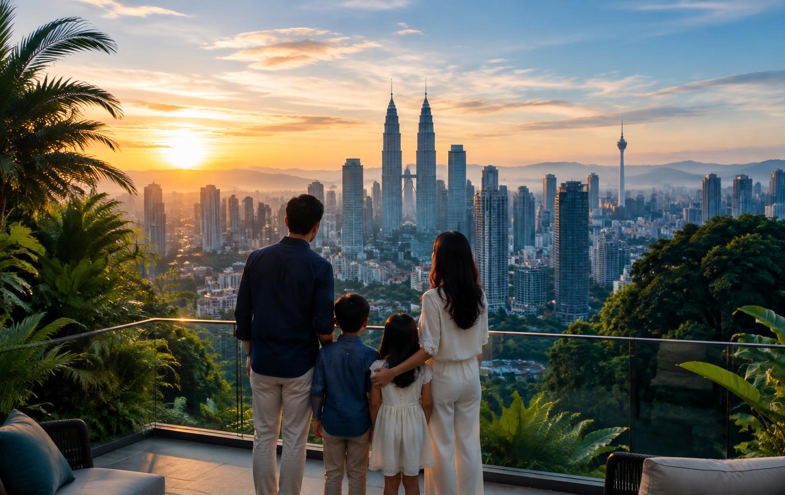 Family overlooking Kuala Lumpur at sunrise